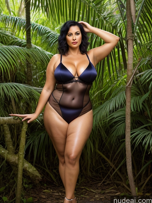 ai nude image of araffe woman in a black and blue swimsuit posing in a jungle pics of Milf One Chubby 40s Sexy Face Black Hair High Heels Messy T-pose Front View Indonesian Transparent Perfect Boobs Big Ass Satin Jungle