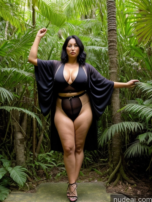 ai nude image of araffe woman in a black swimsuit posing in a tropical forest pics of Milf One Chubby 40s Sexy Face Black Hair High Heels Messy T-pose Indonesian Transparent Perfect Boobs Big Ass Jungle Kimono Front View