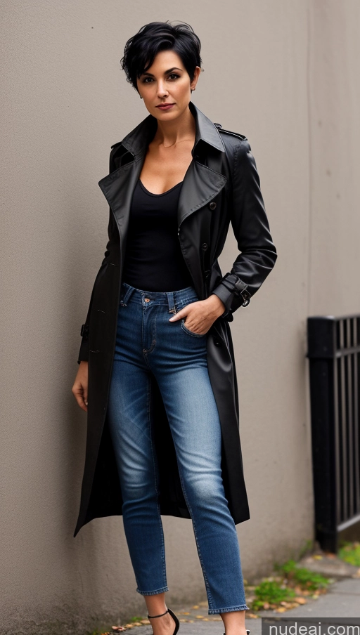 ai nude image of araffe woman in black jacket and jeans leaning against a wall pics of Milf One Small Tits Skinny Perfect Body Black Hair Street Front View High Heels Jeans Detailed Pixie Trench Coat