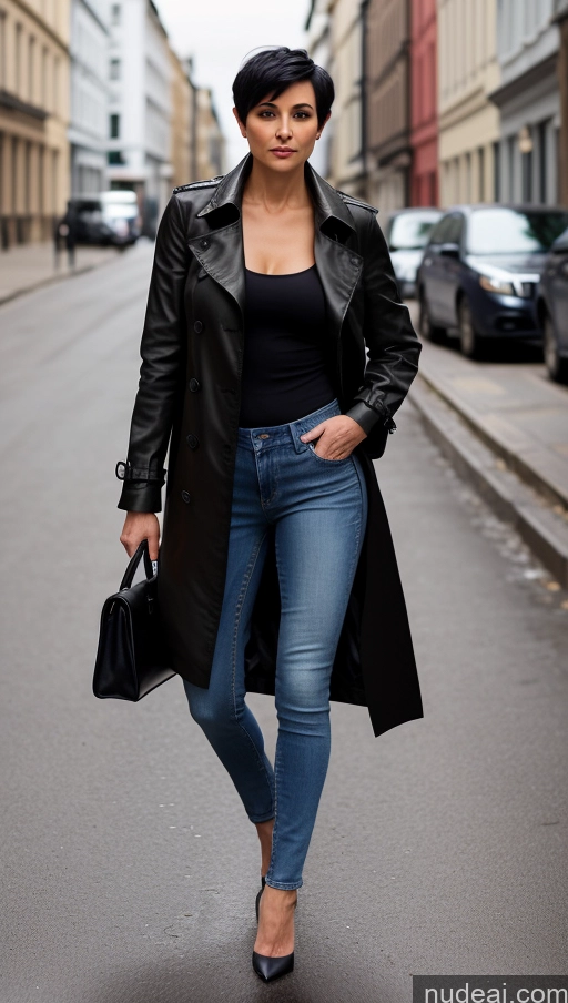 ai nude image of woman in black jacket and jeans walking down a street with a purse pics of Milf One Small Tits Skinny Perfect Body Street Front View High Heels Jeans Detailed Trench Coat Black Hair Pixie