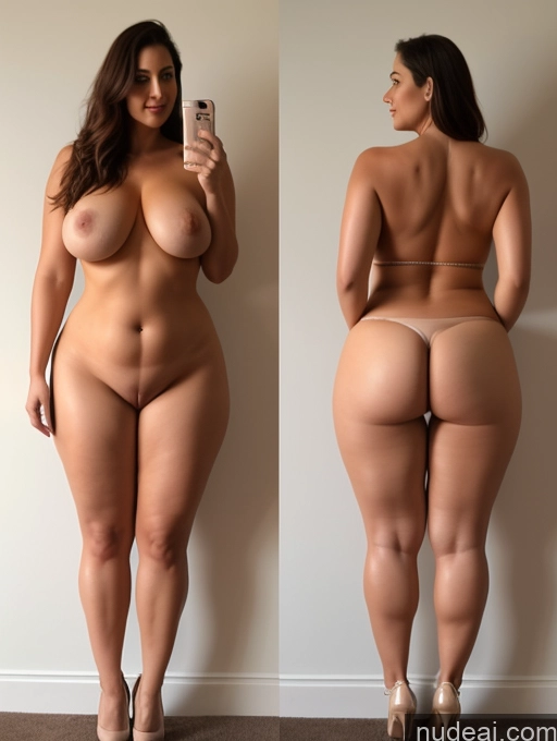 ai nude image of arafed woman taking a selfie of herself in a mirror pics of Tall Long Legs Chubby Big Hips Big Ass Thick Abs Nude High Heels Two Busty Beautiful 40s