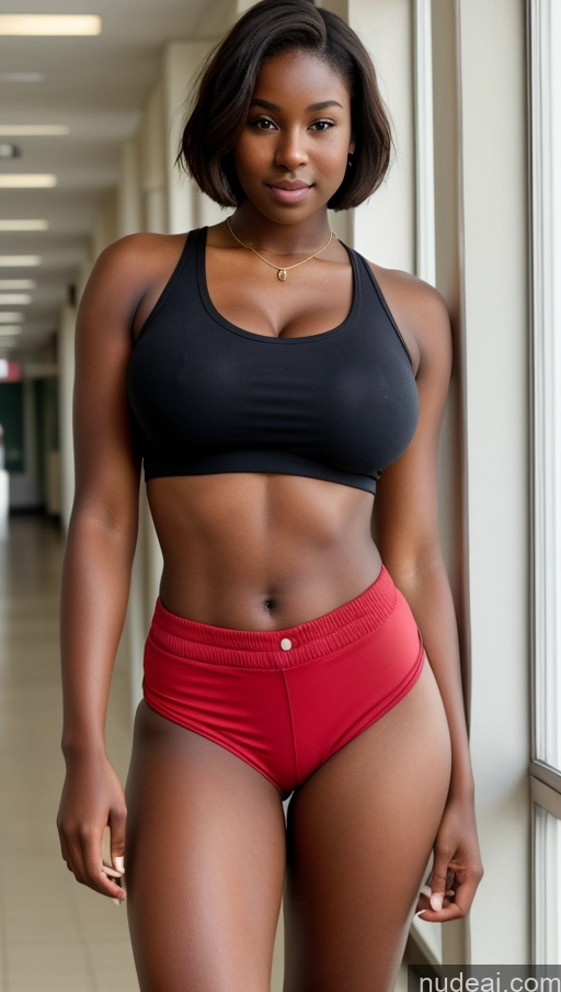 ai nude image of there is a woman in a black top and red shorts posing pics of Huge Boobs Perfect Boobs Abs Perfect Body Dark Skin 18 Brunette Short Hair School Hallway Tank Top Short Shorts Jewelry