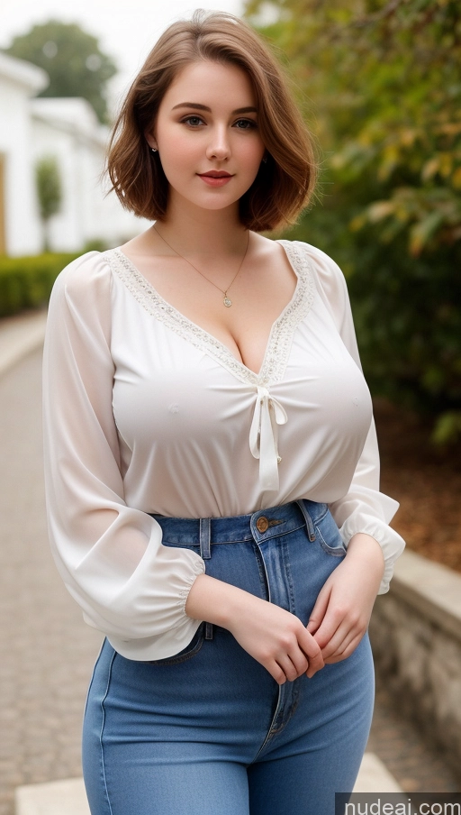 ai nude image of araffed woman in a white blouse and jeans posing for a picture pics of Beautiful Perfect Boobs Busty Big Hips Fairer Skin Thick 18 Brunette Bobcut Russian Detailed Blouse Jeans