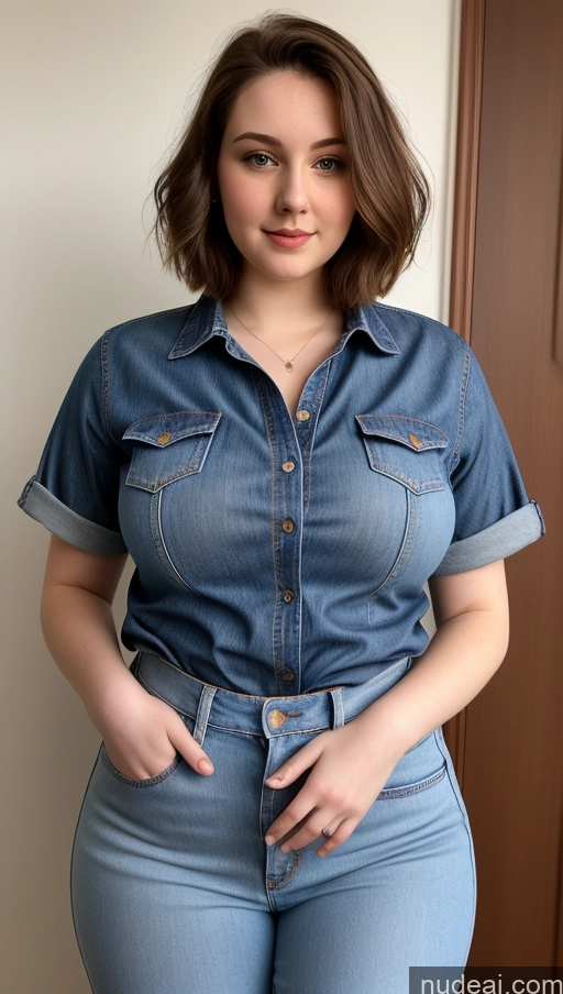 ai nude image of arafed woman in a denim shirt and jeans posing for a picture pics of Beautiful Perfect Boobs Busty Big Hips Fairer Skin Thick 18 Brunette Bobcut Russian Detailed Jeans Shirt