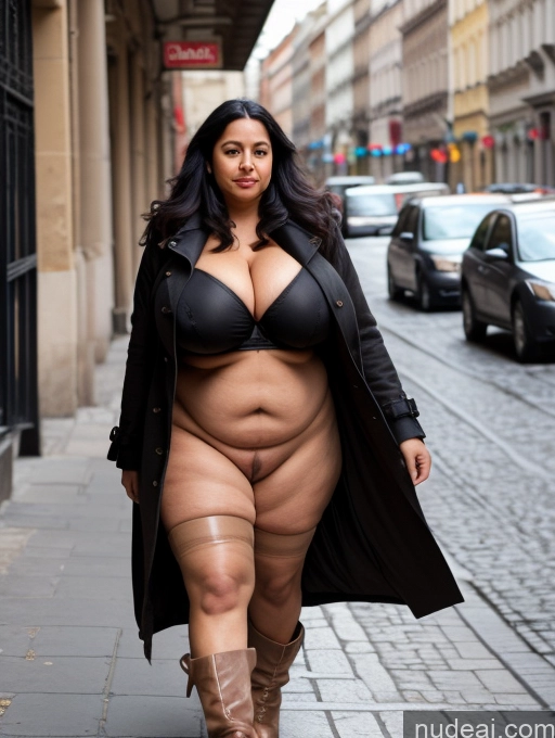 ai nude image of araffe woman in a black coat and boots walking down a street pics of Busty Huge Boobs Big Ass Big Hips Hungarian Nude Boots Trench Coat Stockings Pubic Hair Street Thick Black Hair 70s