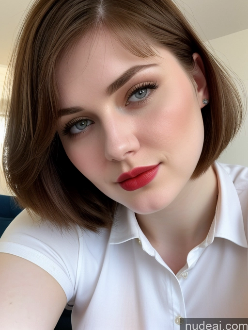 ai nude image of there is a woman with a red lipstick and a white shirt pics of Beautiful Fairer Skin Thick 18 Brunette Bobcut Russian Close-up View Lipstick Shirt Perfect Boobs Busty