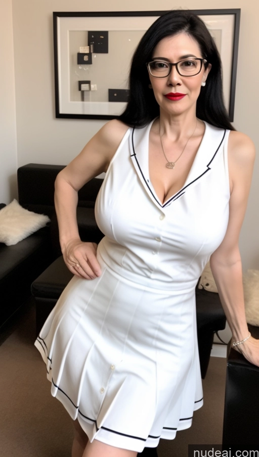 Milf One Busty Big Hips Big Ass Pubic Hair Fairer Skin 60s Black Hair Asian Lipstick Glasses JK Lure Dress V3