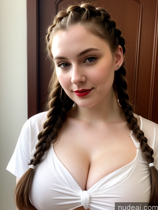 ai nude image of arafed woman with long hair and a white top posing for a picture pics of Beautiful Fairer Skin Thick 18 Brunette Russian Close-up View Lipstick Shirt Perfect Boobs Busty Braided