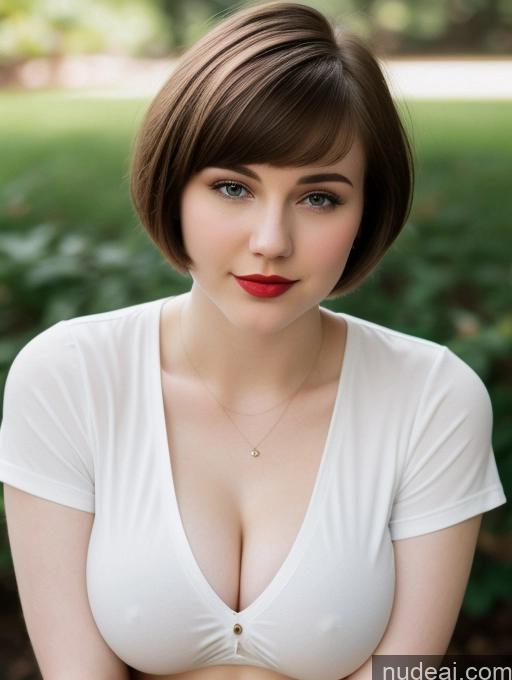 ai nude image of arafed woman with a white shirt and red lipstick posing for a picture pics of Beautiful Fairer Skin Thick 18 Brunette Russian Close-up View Lipstick Shirt Perfect Boobs Busty Short Hair