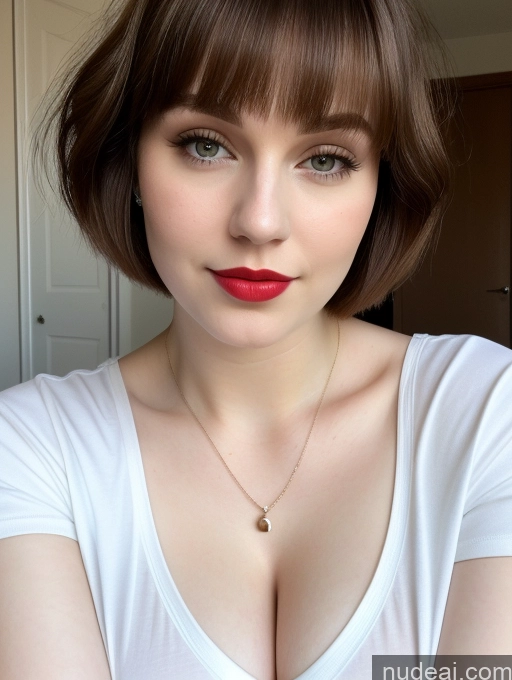 ai nude image of arafed woman with a red lip and a white shirt pics of Beautiful Fairer Skin Thick 18 Brunette Russian Close-up View Lipstick Shirt Perfect Boobs Busty Short Hair