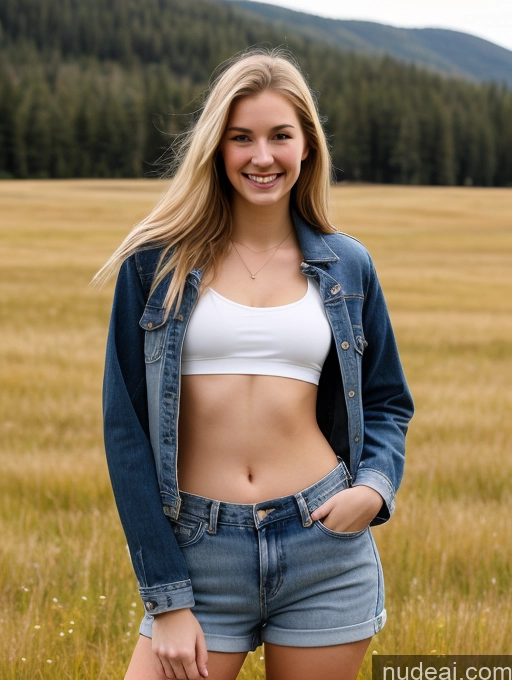 ai nude image of arafed woman in a white top and denim jacket standing in a field pics of Sorority Several Small Tits Tall Skinny Fairer Skin 18 Happy Straight White Meadow Front View Jeans Jacket Crop Top