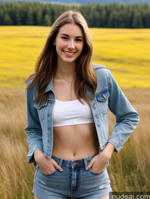 ai nude image of arafed woman in a white top and denim jacket standing in a field pics of Sorority Several Small Tits Tall Skinny Fairer Skin 18 Happy Straight White Meadow Front View Jeans Jacket Crop Top