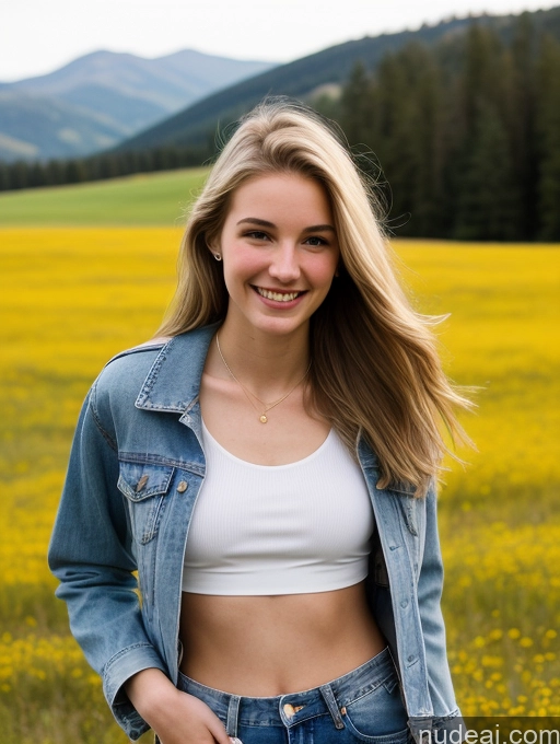 ai nude image of blond woman in a white top and denim jacket standing in a field of flowers pics of Sorority Several Small Tits Tall Skinny Fairer Skin 18 Happy Straight White Meadow Front View Jeans Jacket Crop Top