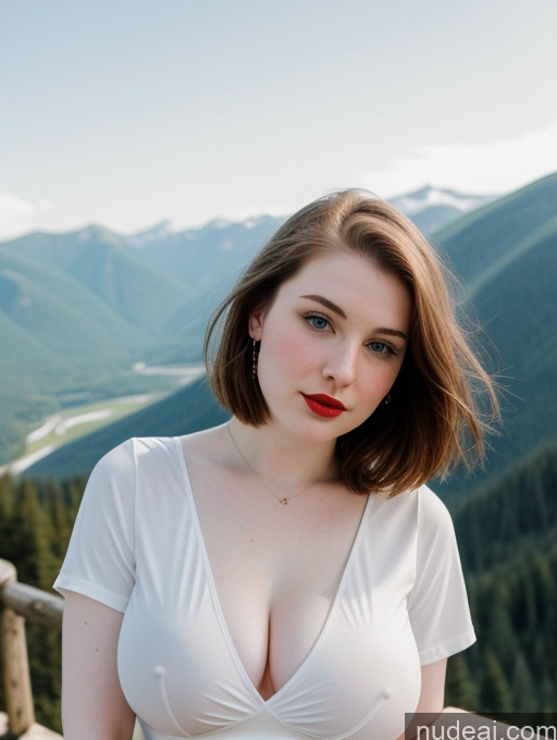 ai nude image of arafed woman in white top posing for a picture in front of mountains pics of Beautiful Fairer Skin Thick 18 Brunette Russian Close-up View Lipstick Shirt Perfect Boobs Busty Bobcut Mountains