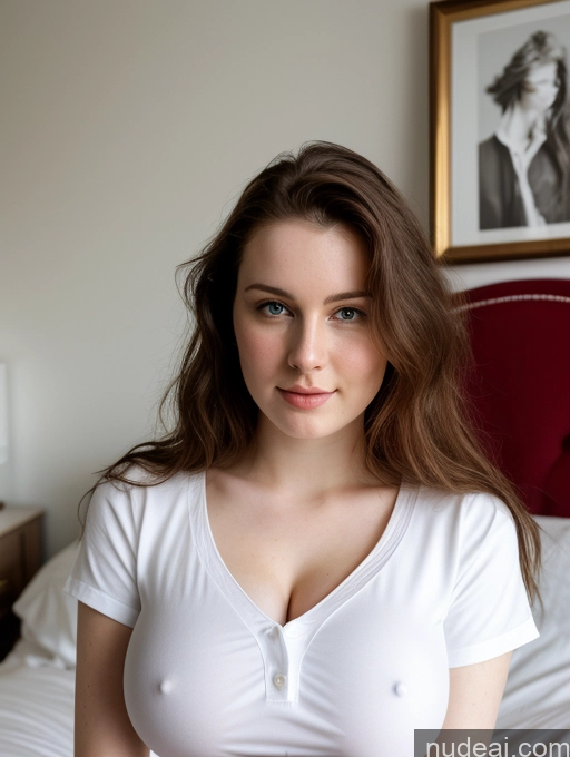 ai nude image of there is a woman sitting on a bed with a red headboard pics of Beautiful Fairer Skin Thick 18 Brunette Russian Close-up View Perfect Boobs Busty Shirt Bedroom Messy