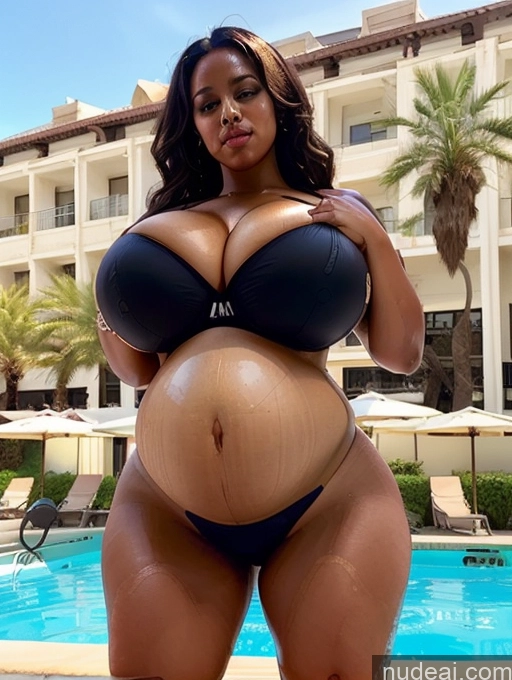 ai nude image of a pregnant woman in a black bikini posing by a pool pics of Milf Big Ass Huge Boobs Thick Chubby Fat Big Hips Pregnant Dark Skin African Pool Close-up View Belly Inflation, Cuminflation, Overeating Military Bright Lighting Detailed Cleavage Hourglass