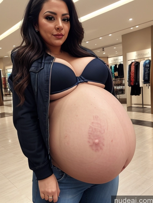 ai nude image of pregnant woman in a black jacket and blue jeans posing for a picture pics of Big Ass Chubby Thick Big Hips Fat Pregnant Latina Dark_Fantasy_Style Belly Inflation, Cuminflation, Overeating Cleavage Bright Lighting Detailed Tattoos Jacket Jeans Bra Mall