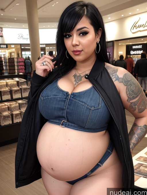 ai nude image of pregnant woman in a denim dress and jacket posing for a picture pics of Big Ass Chubby Thick Big Hips Fat Pregnant Latina Dark_Fantasy_Style Belly Inflation, Cuminflation, Overeating Cleavage Bright Lighting Detailed Tattoos Jacket Jeans Mall Tank Top