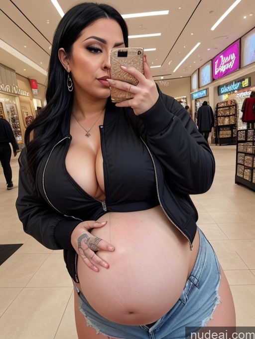 ai nude image of pregnant woman taking a selfie in a mall with a cell phone pics of Big Ass Chubby Thick Big Hips Fat Pregnant Latina Dark_Fantasy_Style Belly Inflation, Cuminflation, Overeating Cleavage Bright Lighting Detailed Tattoos Jacket Jeans Mall Tank Top