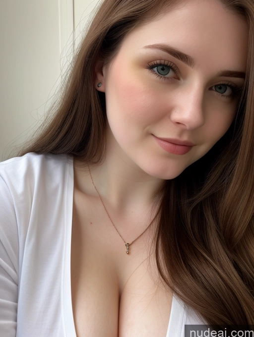 ai nude image of arafed woman with long brown hair and a white shirt pics of Beautiful Fairer Skin Thick 18 Brunette Russian Close-up View Perfect Boobs Busty Shirt Long Hair