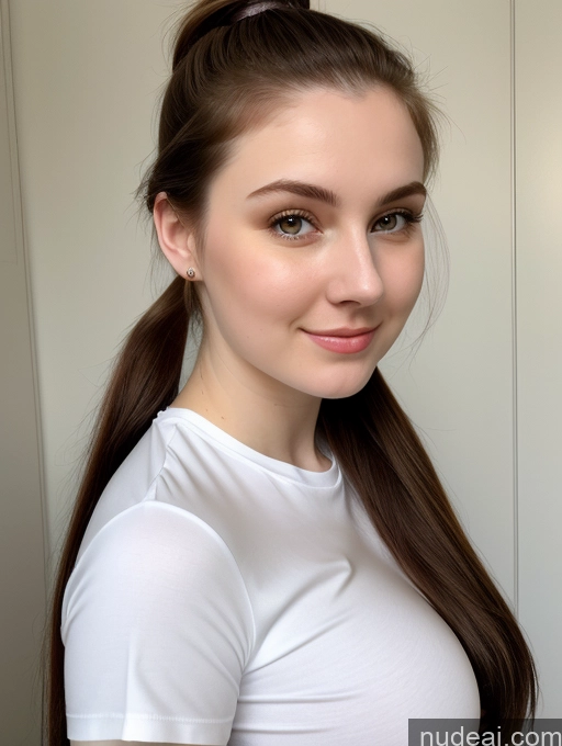 ai nude image of there is a woman with a white shirt and a brown hair pics of Beautiful Fairer Skin Thick 18 Brunette Russian Close-up View Perfect Boobs Busty Shirt Ponytail