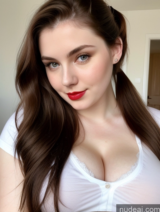 ai nude image of arafed woman with long brown hair and red lipstick posing for a picture pics of Beautiful Fairer Skin Thick 18 Brunette Russian Close-up View Perfect Boobs Busty Shirt Ponytail Lipstick