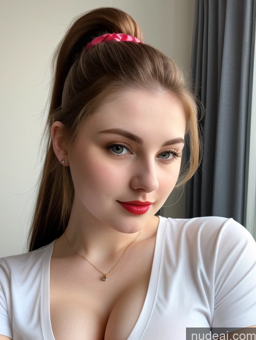 ai nude image of there is a woman with a red hairband and a white shirt pics of Beautiful Fairer Skin Thick 18 Brunette Russian Close-up View Perfect Boobs Busty Shirt Ponytail Lipstick