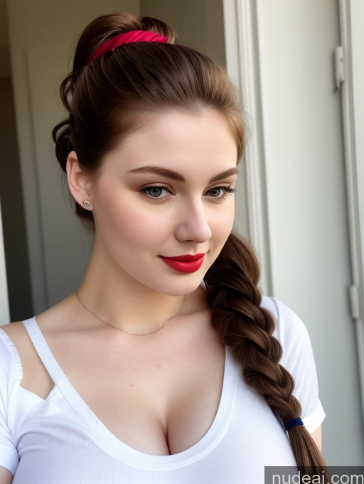 ai nude image of there is a woman with a red headband and a white shirt pics of Beautiful Fairer Skin Thick 18 Brunette Russian Close-up View Perfect Boobs Busty Shirt Ponytail Lipstick