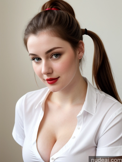 ai nude image of there is a woman with a ponytail and a white shirt pics of Beautiful Fairer Skin Thick 18 Brunette Russian Close-up View Perfect Boobs Busty Shirt Ponytail Lipstick