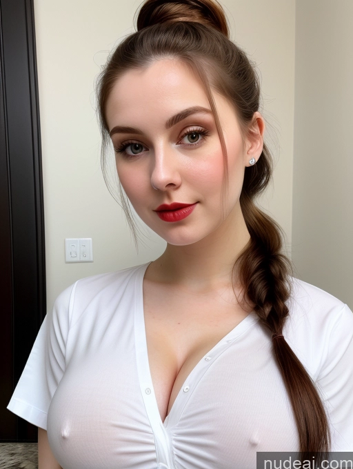 ai nude image of there is a woman with a white shirt and a red lipstick pics of Beautiful Fairer Skin Thick 18 Brunette Russian Close-up View Perfect Boobs Busty Shirt Ponytail Lipstick