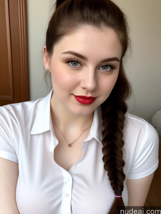 ai nude image of arafed woman with a braid in a white shirt and red lipstick pics of Beautiful Fairer Skin Thick 18 Brunette Russian Close-up View Perfect Boobs Busty Shirt Ponytail Lipstick