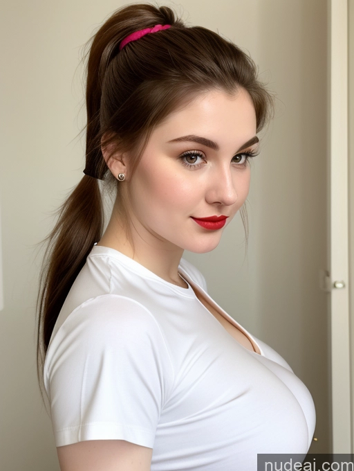 ai nude image of there is a woman with a red lip and a white shirt pics of Beautiful Fairer Skin Thick 18 Brunette Russian Close-up View Perfect Boobs Busty Shirt Ponytail Lipstick