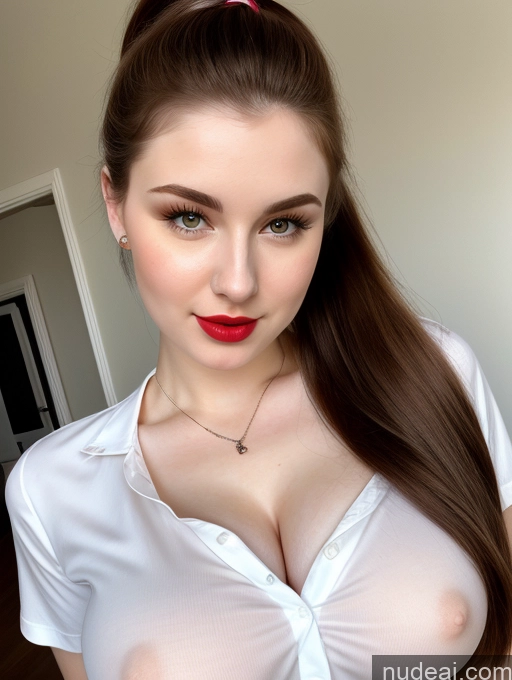 ai nude image of there is a woman with a very big breast posing for a picture pics of Beautiful Fairer Skin Thick 18 Brunette Russian Close-up View Perfect Boobs Busty Shirt Ponytail Lipstick