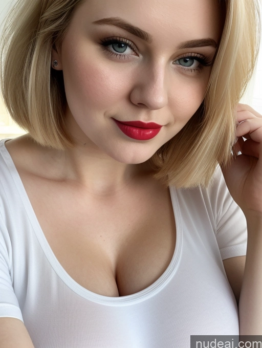 ai nude image of blond woman with red lips and a white shirt posing for a picture pics of Busty Perfect Boobs Beautiful Lipstick Thick Fairer Skin 18 Blonde Bobcut Russian Close-up View Shirt