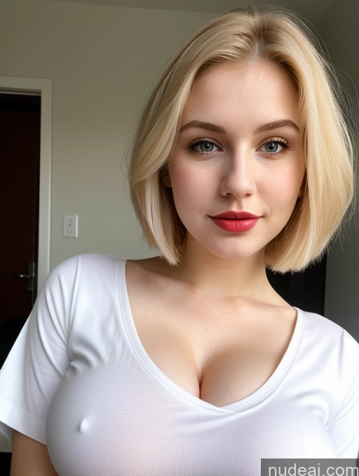 ai nude image of blond woman with big breast posing for a picture in a white shirt pics of Busty Perfect Boobs Beautiful Lipstick Thick Fairer Skin 18 Blonde Bobcut Russian Close-up View Shirt