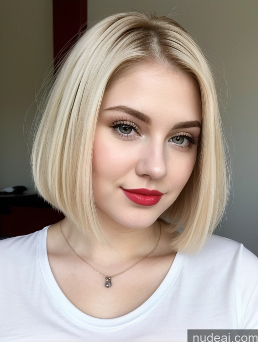 ai nude image of blond woman with red lipstick and a white shirt posing for a picture pics of Busty Perfect Boobs Beautiful Lipstick Thick Fairer Skin 18 Blonde Bobcut Russian Close-up View Shirt