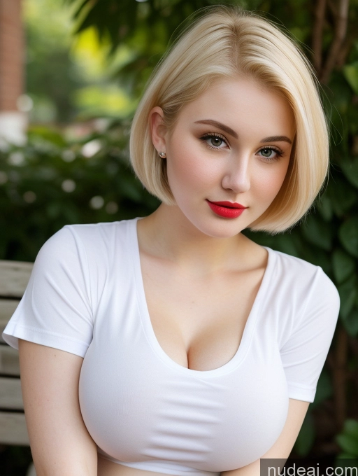 ai nude image of blonde woman with red lips and white shirt sitting on a bench pics of Busty Perfect Boobs Beautiful Lipstick Thick Fairer Skin 18 Blonde Bobcut Russian Close-up View Shirt