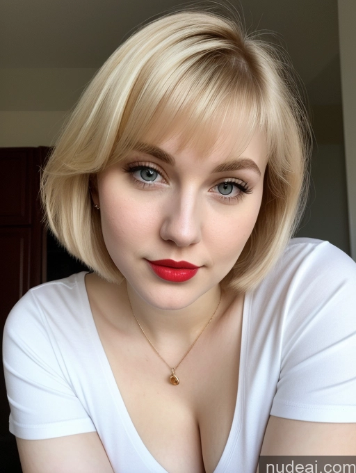 ai nude image of blond woman with red lips and a white shirt posing for a picture pics of Busty Perfect Boobs Beautiful Lipstick Thick Fairer Skin 18 Blonde Bobcut Russian Close-up View Shirt