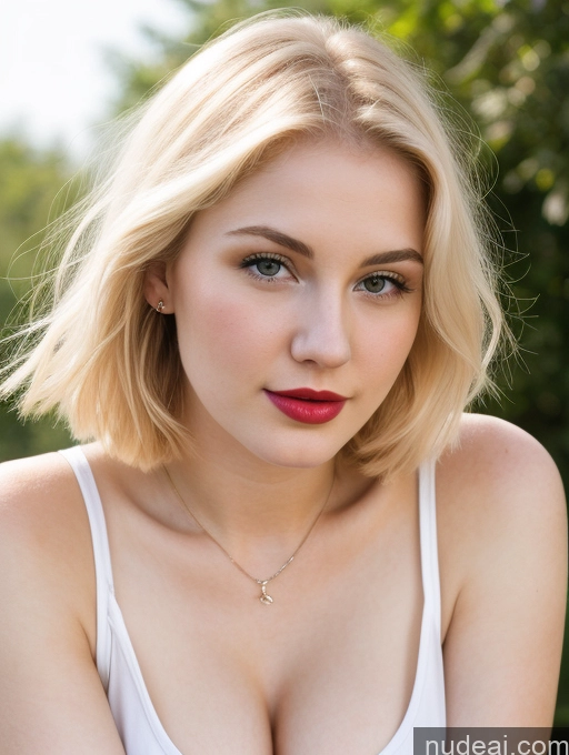 ai nude image of blond woman with red lips and a white tank top posing for a picture pics of Busty Perfect Boobs Beautiful Lipstick Thick Fairer Skin 18 Blonde Bobcut Russian Close-up View Tank Top