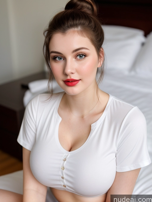 ai nude image of there is a woman sitting on a bed with a white shirt pics of Busty Perfect Boobs Beautiful Lipstick Thick Fairer Skin 18 Russian Close-up View Shirt Brunette Hair Bun