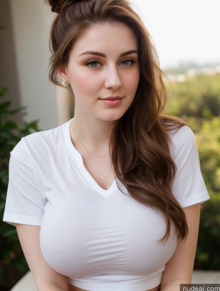 ai nude image of there is a woman with a white shirt and a brown hair pics of Busty Perfect Boobs Beautiful Thick Fairer Skin 18 Russian Close-up View Shirt Brunette Hair Bun