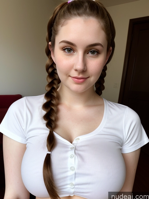 ai nude image of arafed woman with a braid in her hair and a white shirt pics of Busty Perfect Boobs Beautiful Thick Fairer Skin 18 Russian Close-up View Shirt Brunette Pigtails