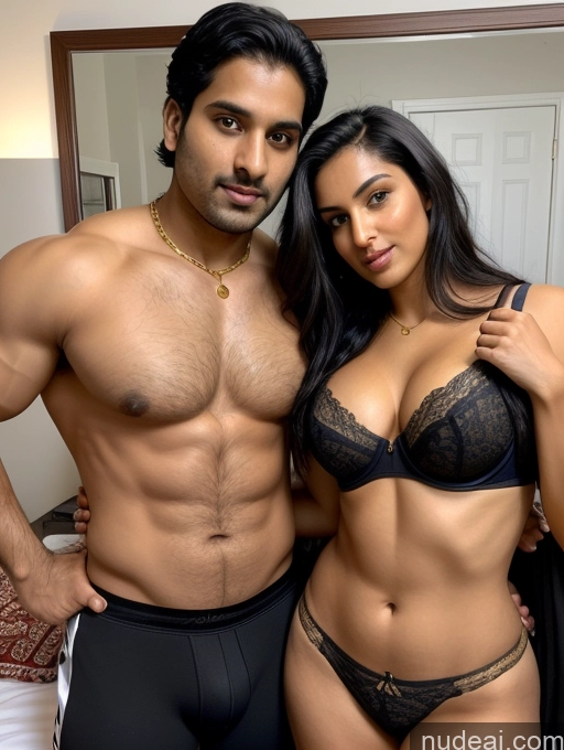 ai nude image of arafed man and woman posing for a picture in underwear pics of Woman + Man Small Tits Beautiful Muscular Big Ass Thick Big Hips Fat Chubby Perfect Body Pubic Hair 30s Serious Sexy Face Black Hair Indian Mirror Selfie Bedroom Front View Bra Thong Sports Gold Jewelry Detailed