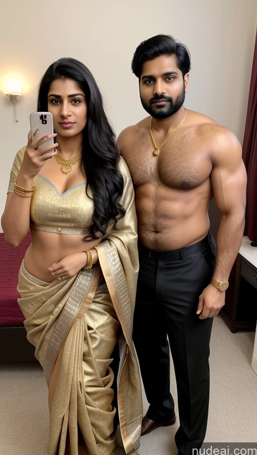 ai nude image of there is a man and woman posing for a picture in a hotel room pics of Woman + Man Small Tits Beautiful Muscular Big Ass Thick Big Hips Fat Chubby Perfect Body Pubic Hair 30s Serious Sexy Face Black Hair Indian Mirror Selfie Bedroom Front View Gold Jewelry Detailed Sari Suit