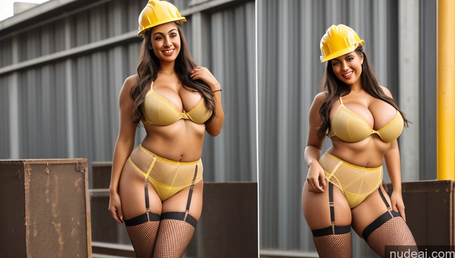 ai nude image of arafed woman in a yellow hard hat and a yellow bra pics of Nude Construction Worker Fishnet High Heels Push-up Bra Thong Western Suspender Belt Huge Boobs Big Hips Tanned Skin Long Legs Short Big Ass Thick Pubic Hair