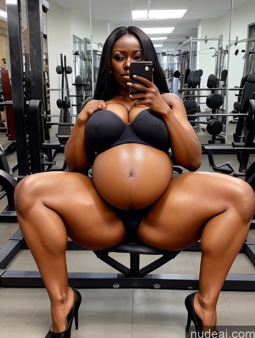 ai nude image of a pregnant woman in a black bra top is sitting on a bench pics of Bodybuilder Huge Boobs Big Ass Pregnant Dark Skin Black Belly Inflation, Cuminflation, Overeating Bra Thong