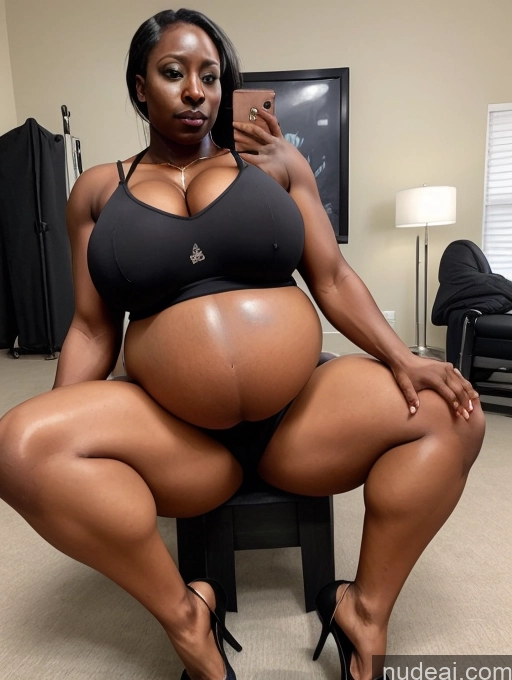 ai nude image of pregnant woman in black bra top sitting on a chair taking a selfie pics of Bodybuilder Huge Boobs Big Ass Pregnant Dark Skin Black Belly Inflation, Cuminflation, Overeating Bra Thong