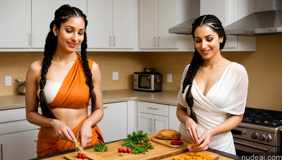 ai nude image of two women in a kitchen preparing food on a cutting board pics of Woman One Perfect Body Beautiful Fairer Skin 20s Seductive Black Hair Braided Indian Kitchen Cooking Sari