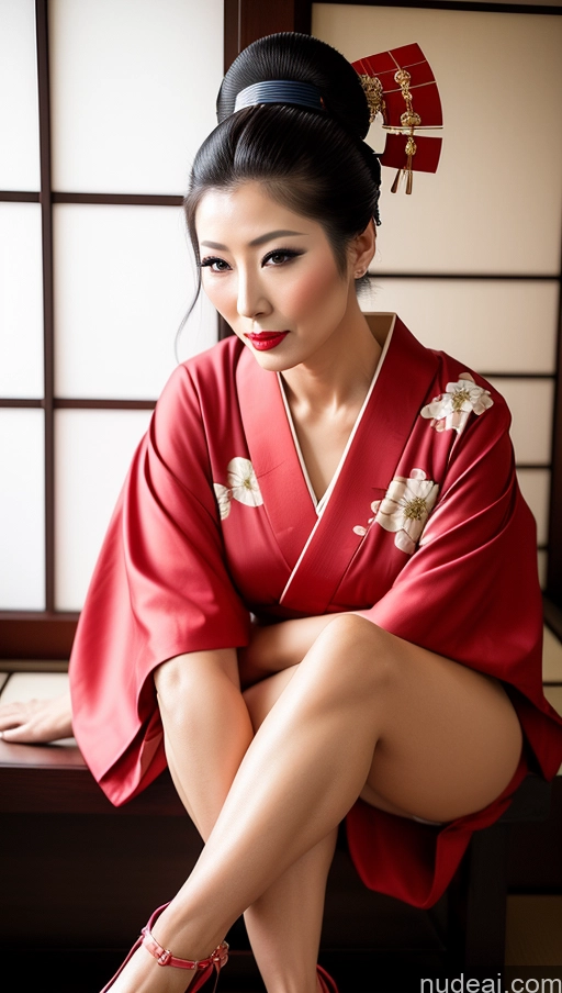 ai nude image of araffe woman in a kimono sitting on a bench with her legs crossed pics of Milf Small Tits Beautiful Lipstick Long Legs 40s Pouting Lips Hair Bun Japanese Close-up View Spreading Legs Geisha High Heels Kimono