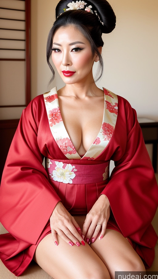 ai nude image of araffe asian woman in a kimono sitting on a bed pics of Milf Small Tits Beautiful Lipstick Long Legs 40s Pouting Lips Hair Bun Japanese Close-up View Spreading Legs Geisha High Heels Kimono